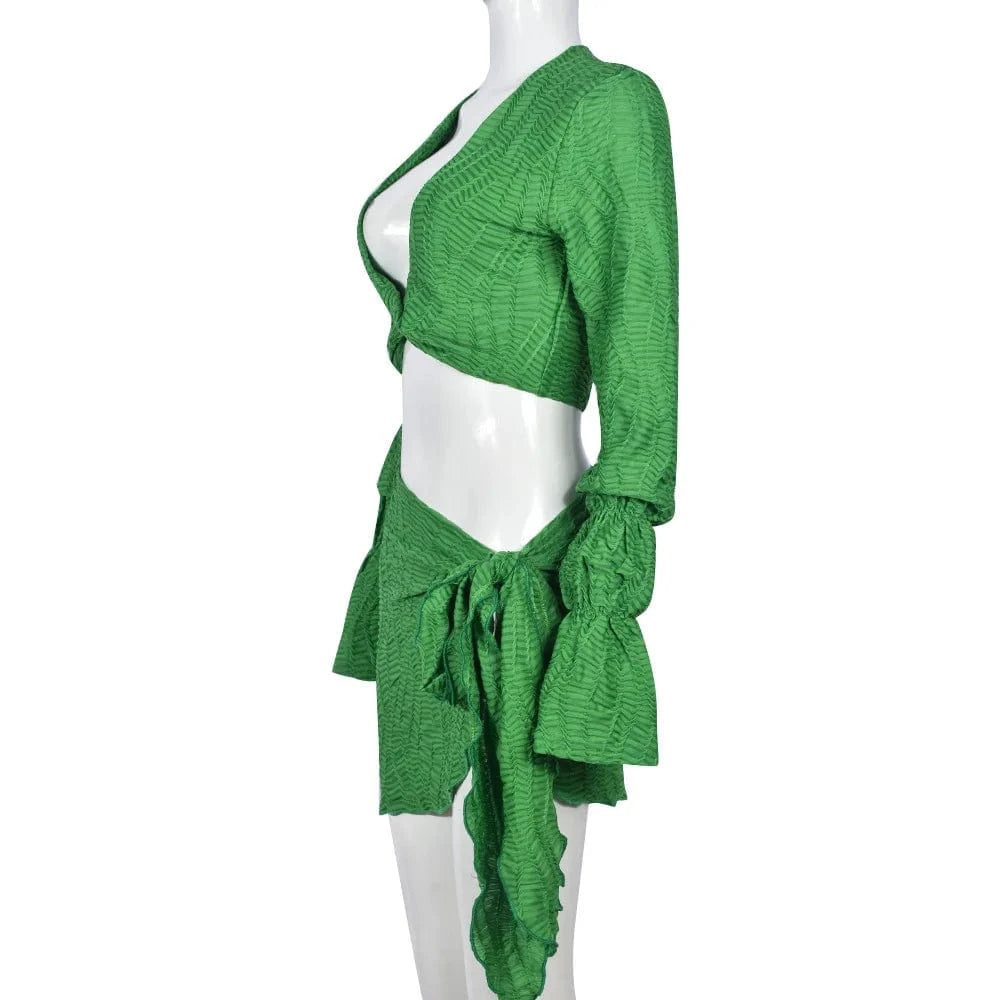 7960sg Hot Sale 2024 Autumn New Women 2p Outfit Irregular Flared Sleeve Crop Tops Skirt Suit Women Two Piece Skirt Set