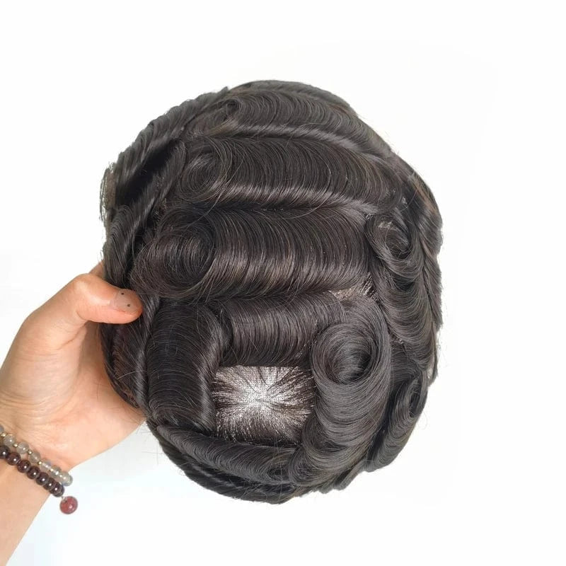 7x9 / #1B / 6inches 90% Density Full Swiss Lace Real Human Remy Hair Men Toupee With Knots Good Bleached