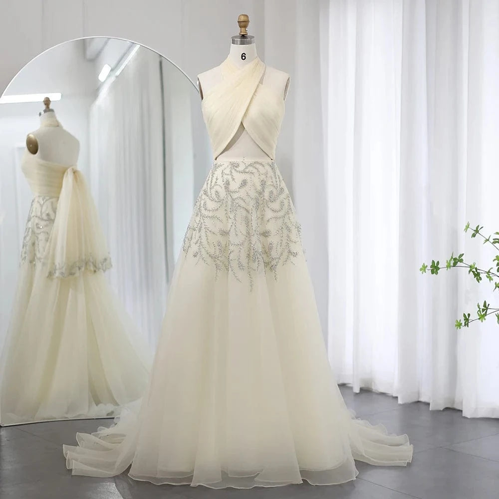 8 / 1 Saudi Arabic Halter Beige Dubai Evening Dress For Women Wedding Luxury Crystal Dubai Long Prom Party Dresses Sz444