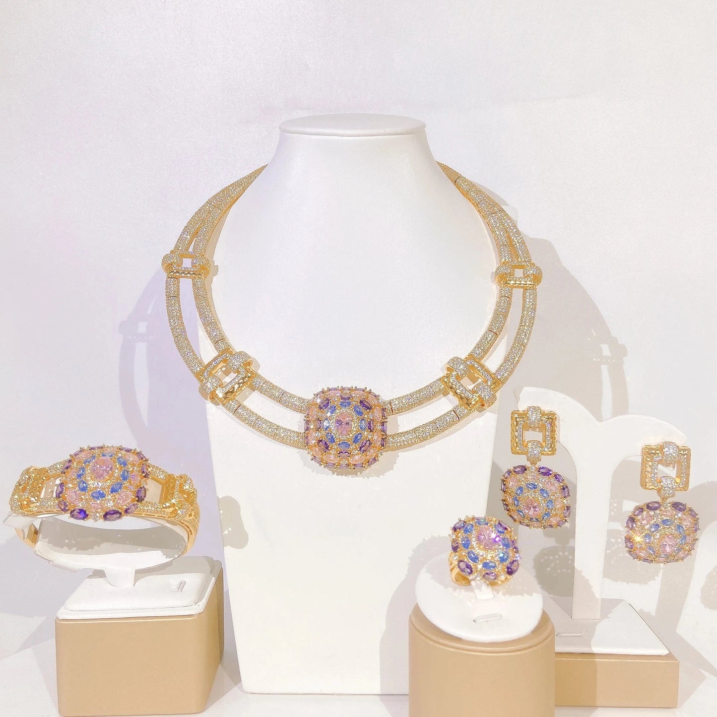 8 / 3 Latest Fashion 24K 18K Gold Plated Wedding Gift Jewelry set Bridal Zircon High Quality Necklace Earring Bracelet Ring Jewels