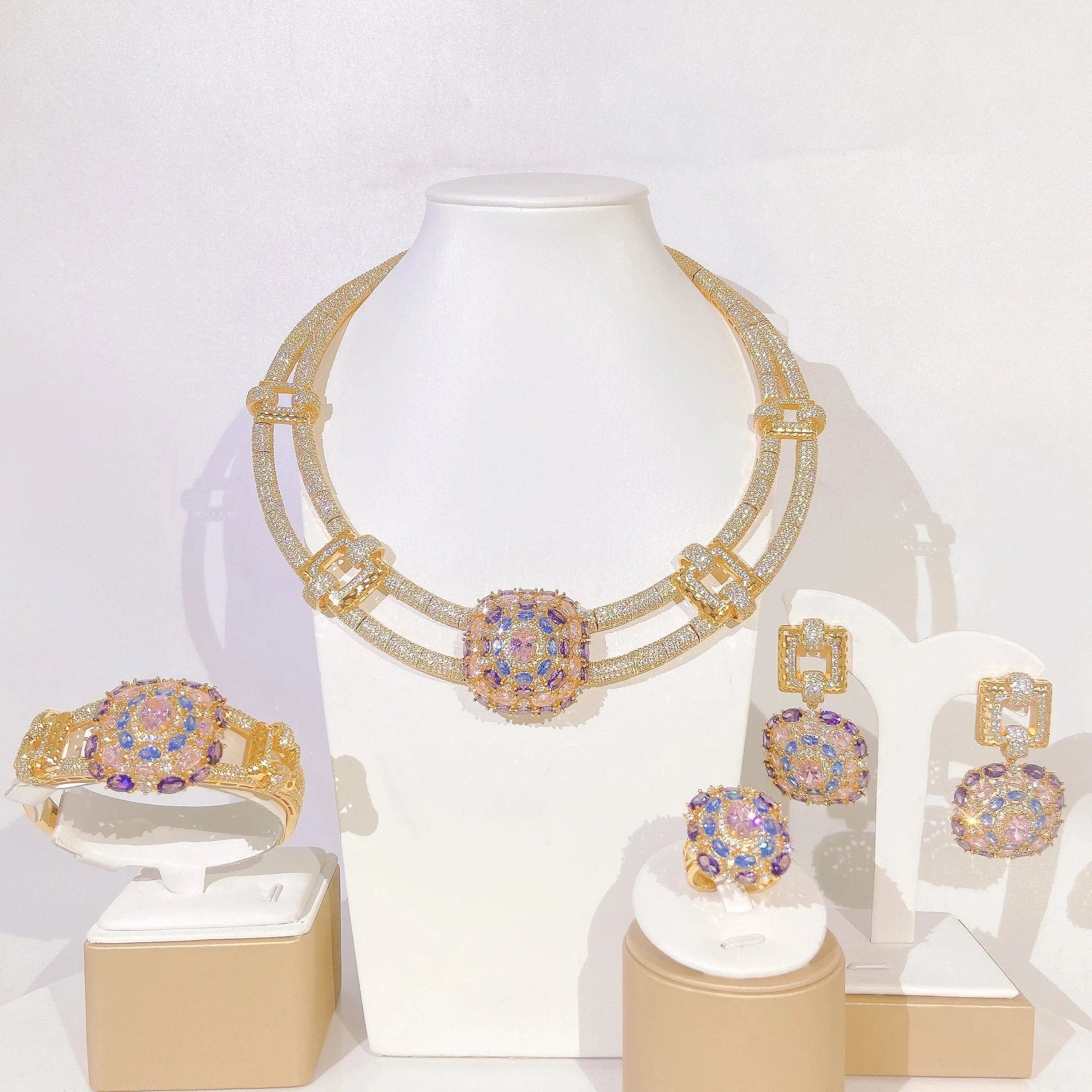 8 / 3 Latest Fashion 24K 18K Gold Plated Wedding Gift Jewelry set Bridal Zircon High Quality Necklace Earring Bracelet Ring Jewels