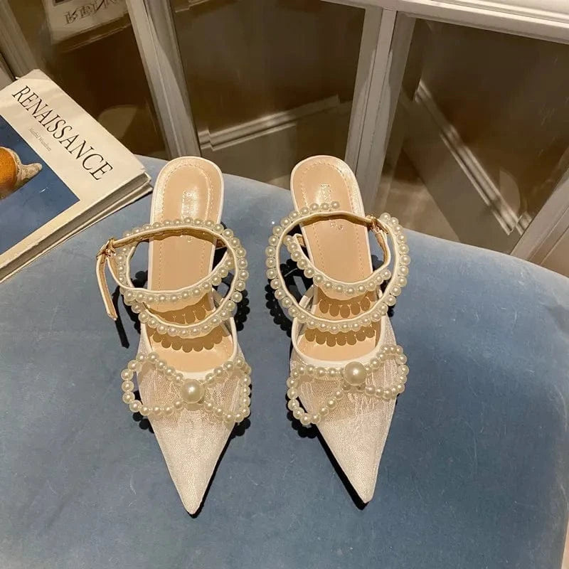 8 / 38 / White 2022 luxury sandals for ladies middle heels mesh net newest pearl lace up large bowknot shoes open back shoes