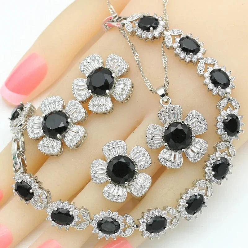 8 / 4PCS  01 Black Zircon Silver Wedding Jewelry Sets For Women Party Bracelet Earrings Necklace Pendant Ring Valentine's Day gift