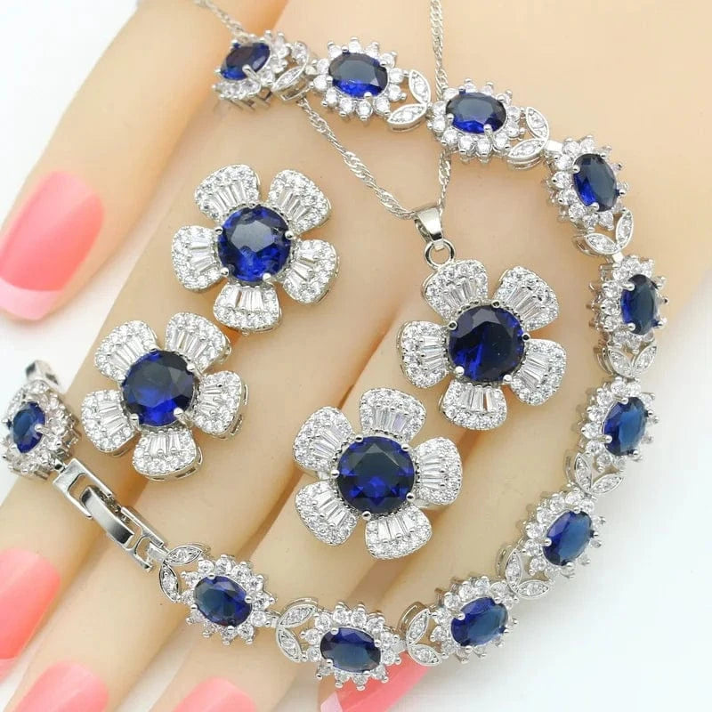 8 / 4PCS  02 Black Zircon Silver Wedding Jewelry Sets For Women Party Bracelet Earrings Necklace Pendant Ring Valentine's Day gift