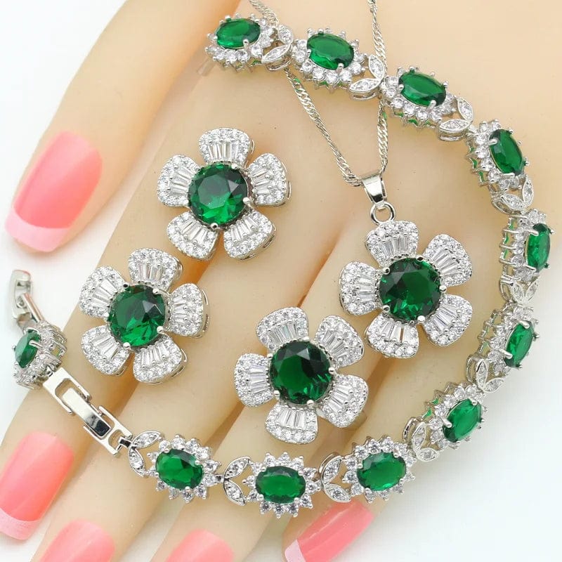 8 / 4PCS  03 Black Zircon Silver Wedding Jewelry Sets For Women Party Bracelet Earrings Necklace Pendant Ring Valentine's Day gift