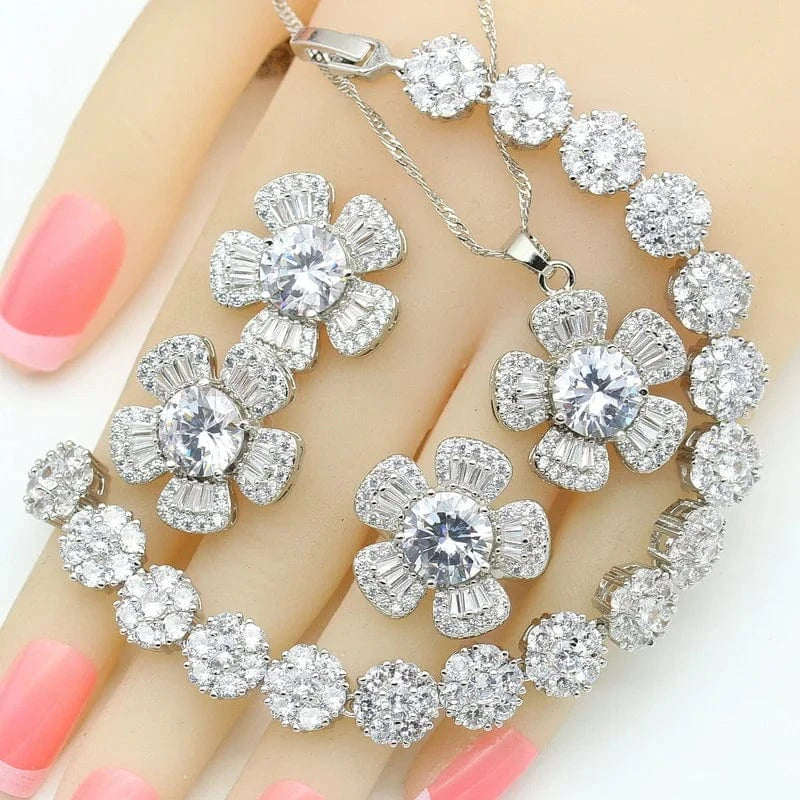 8 / 4PCS  04 Black Zircon Silver Wedding Jewelry Sets For Women Party Bracelet Earrings Necklace Pendant Ring Valentine's Day gift