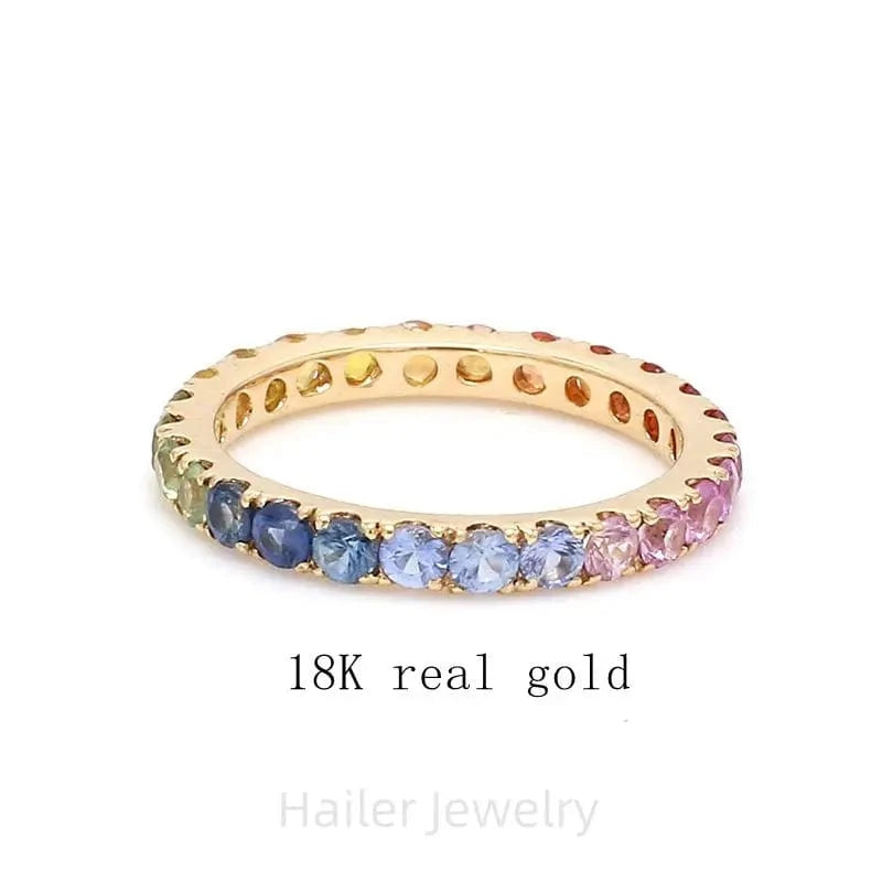 8.5 / 18k real gold Hailer joyas gemstone lab sapphire silver jewelry 925 rainbow 14k gold eternity wedding band ring for women