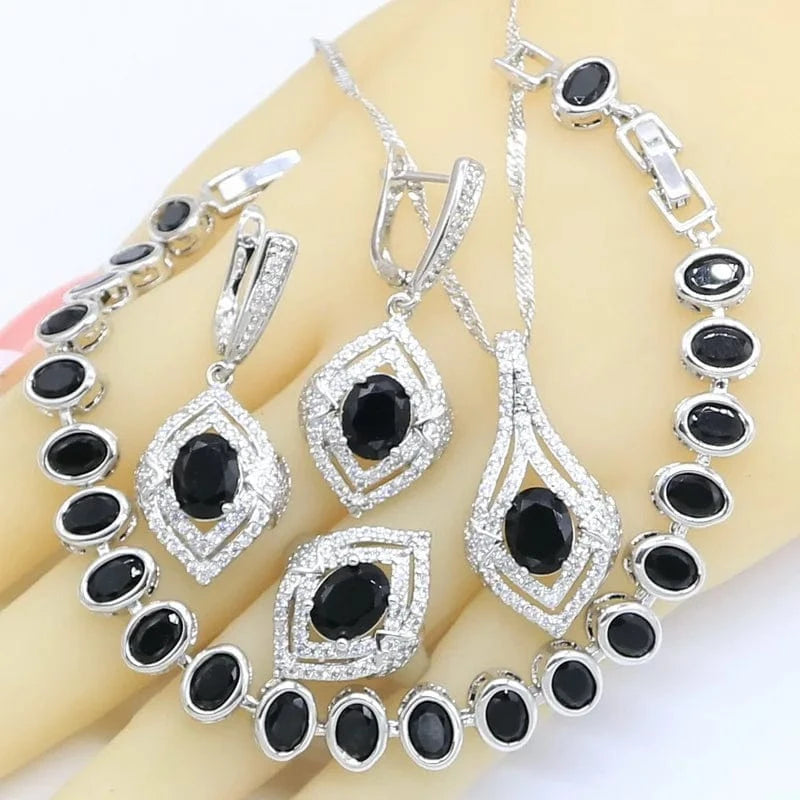 8 / Black Black Zircon White Gold Jewelry Sets for Women Wedding Bracelet Earrings Necklace Pendant Ring Gift Box