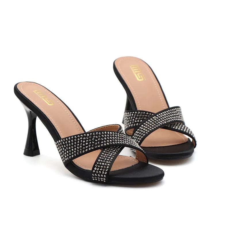 8 / Black BUSY GIRL ET4397 2024 trending rhinestone cross strap heeled sandals ladies slippers custom shoes party dress women high heels