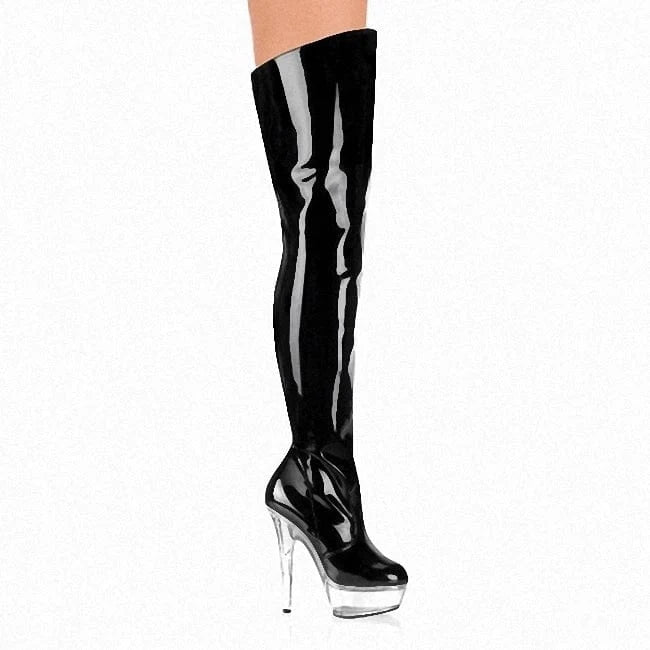 8 / Black Women Winter 6 Inch High Heel Thigh 15CM Shoes Over The Knee Strappy Boots Pink Fetish Pole Dance Gothic For Thin Legs Platform