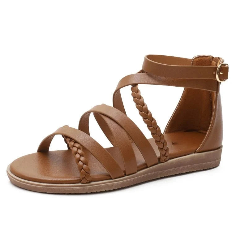 8 / Brown BUSY GIRL JZJ3007 Custom logo women fashion shoes Bohemia style large size ankle strap flat sandals