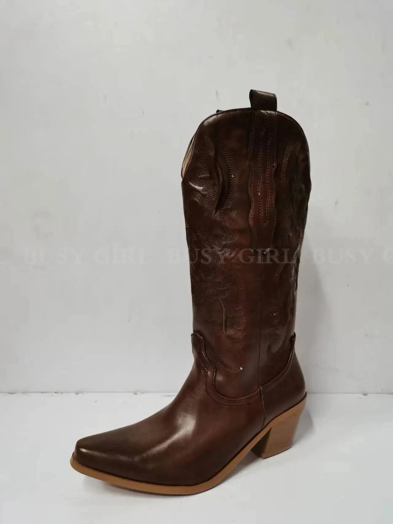 8 / Brown BUSY GIRL XY4778 Knee High Boots Ladies Big Size Women Shoes Block Heels Fashion Embroidery Western Cowboy Boots For Women