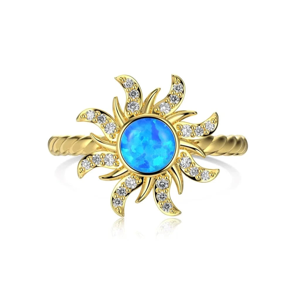 8 / DY120984-S-G-BA Dylam Wholesale Finger Jewelry 925 Sterling Silver Blue Opal Ring Cubic Zirconia Stone 18K Gold Plated Sun Shape Ring For Women