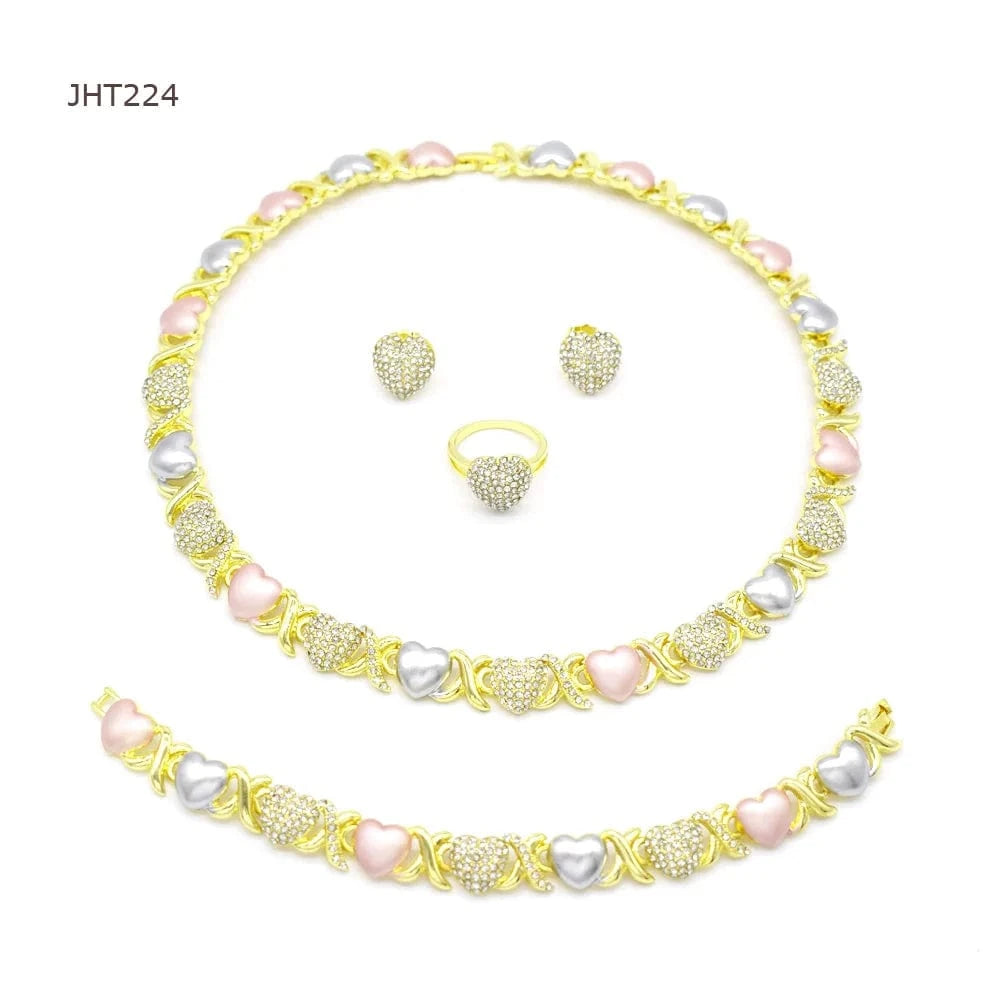 8 / Gold JHT224 High quality 18K gold three color rhinestone jewelry set XOXO jewelry set women's jewelry set