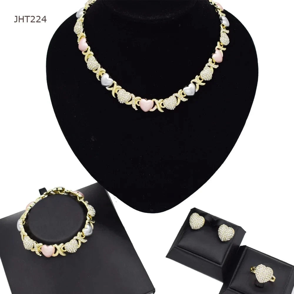 8 / Gold JHT224 High quality 18K gold three color rhinestone jewelry set XOXO jewelry set women's jewelry set