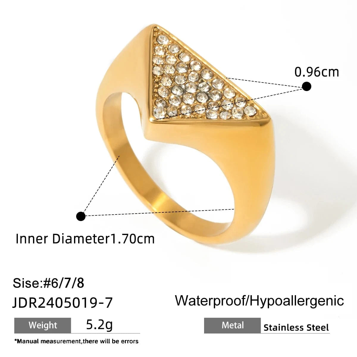 8 / minimalist / R2562 R2563 Simple Design Stainless Steel Hip Hop Rings Women 18K Gold Triangle Rings With Rhinestones