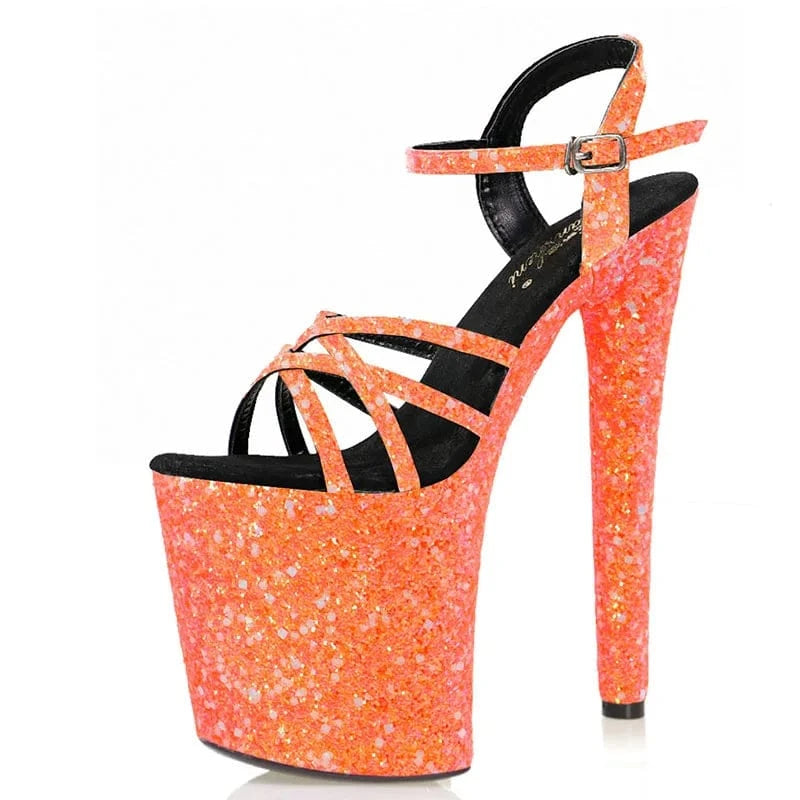 8 / Orange-B New green Sequin shiny high heels 20 cm thin heel belt pole dance super high heels 8 inch platform sandals