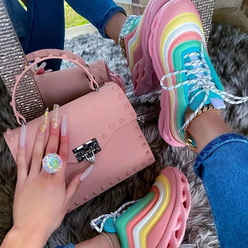 8 / pink-LL-YN set Fashion Sexy Platform Sandals Women Flat Slippers Casual Shoes women hand bags set