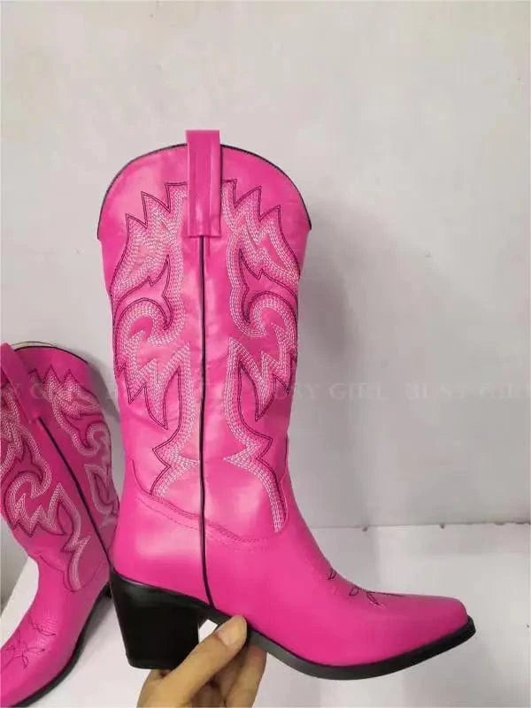 8 / Plum BUSY GIRL XDY4298 Cowboy Boots Wine Red Embroidery Knee High Western Boot Heels For Ladies Pointed Toe Cowgirl Boots for women