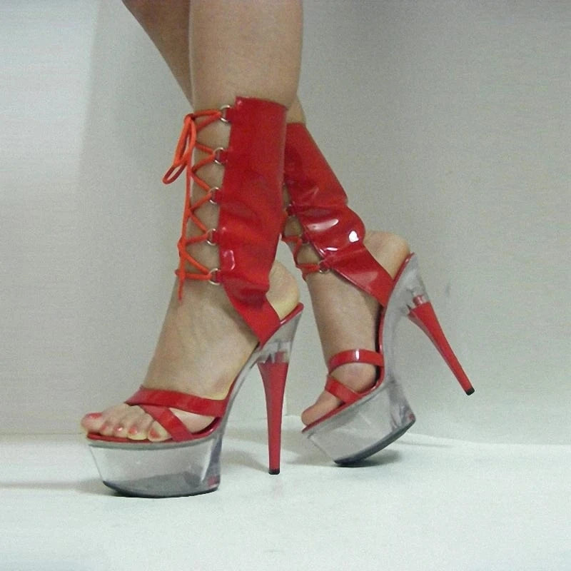 8 / Red Crystal thick bottom thin heel 15cm fish mouth lace up short boots nightclub sexy queen red high-heeled sandals