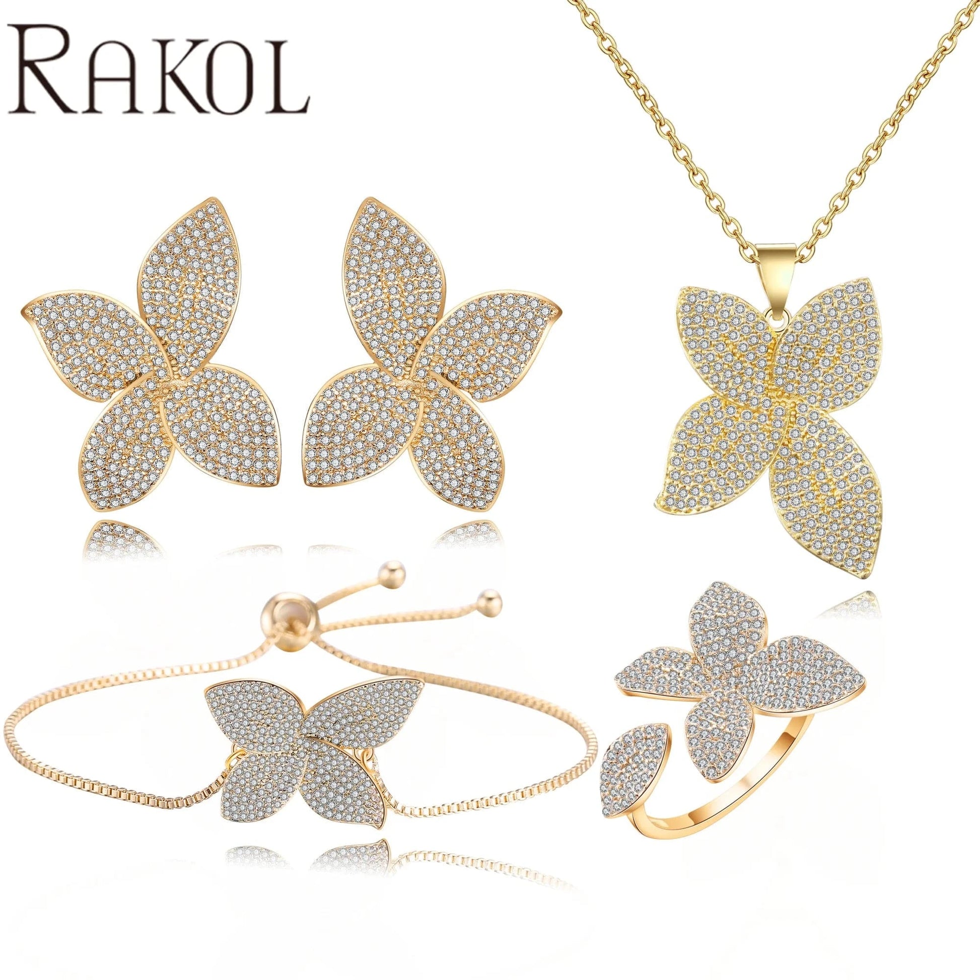 8 / SP3077-Gold RAKOL SP3074 New Design 4PCS Leaf Cubic Zircon Necklace Earrings Bracelets And Rings Sets 925 Sterling Silver Jewelry Set Women