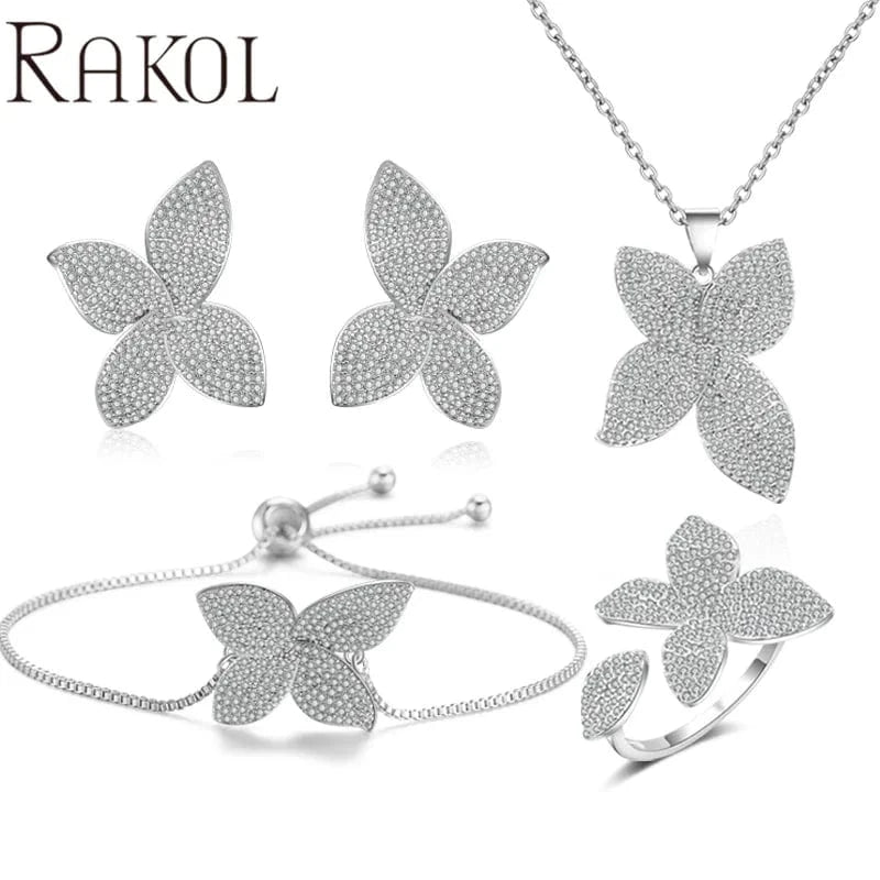 8 / SP3077-White gold RAKOL SP3074 New Design 4PCS Leaf Cubic Zircon Necklace Earrings Bracelets And Rings Sets 925 Sterling Silver Jewelry Set Women