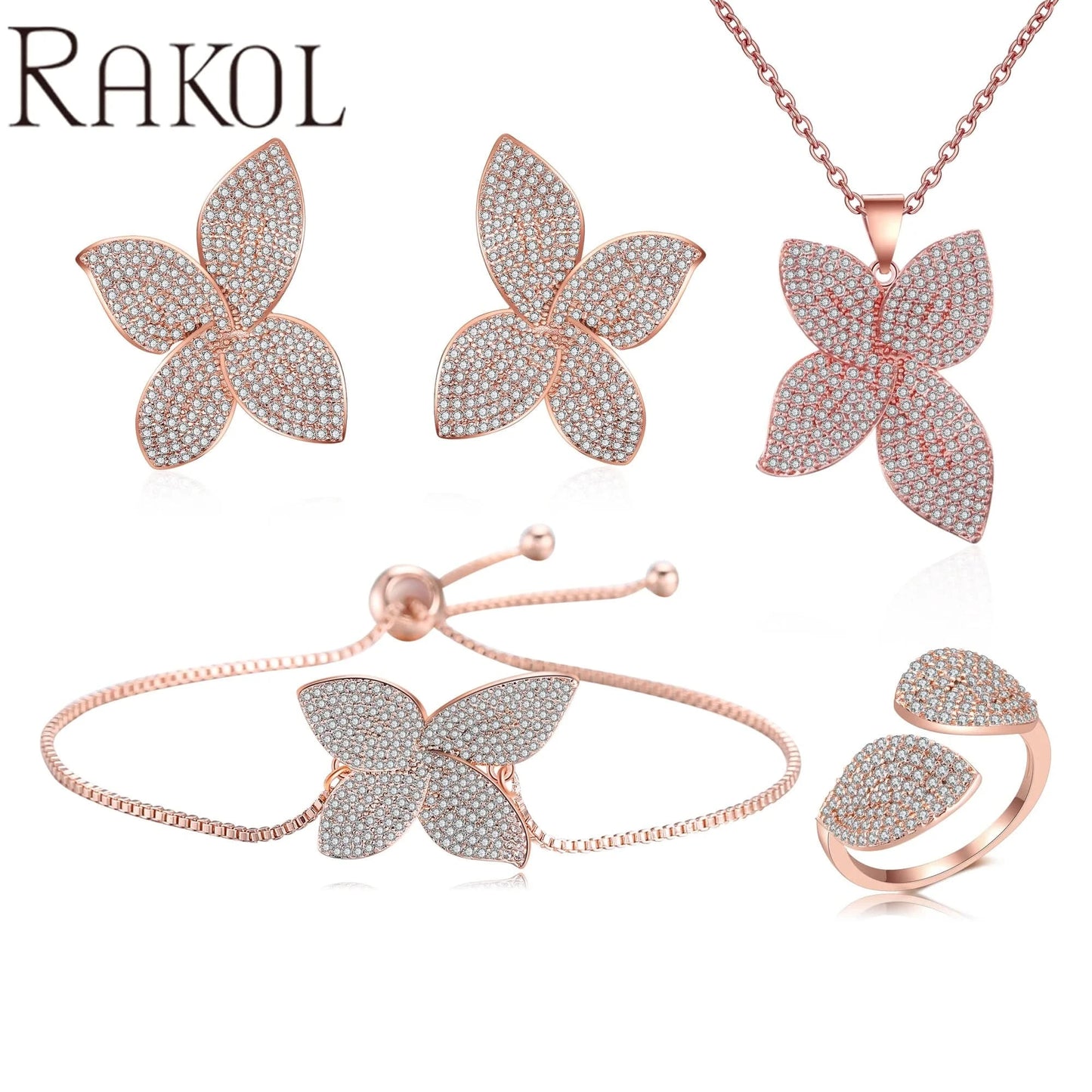8 / SP3079 -Rose gold RAKOL SP3074 New Design 4PCS Leaf Cubic Zircon Necklace Earrings Bracelets And Rings Sets 925 Sterling Silver Jewelry Set Women