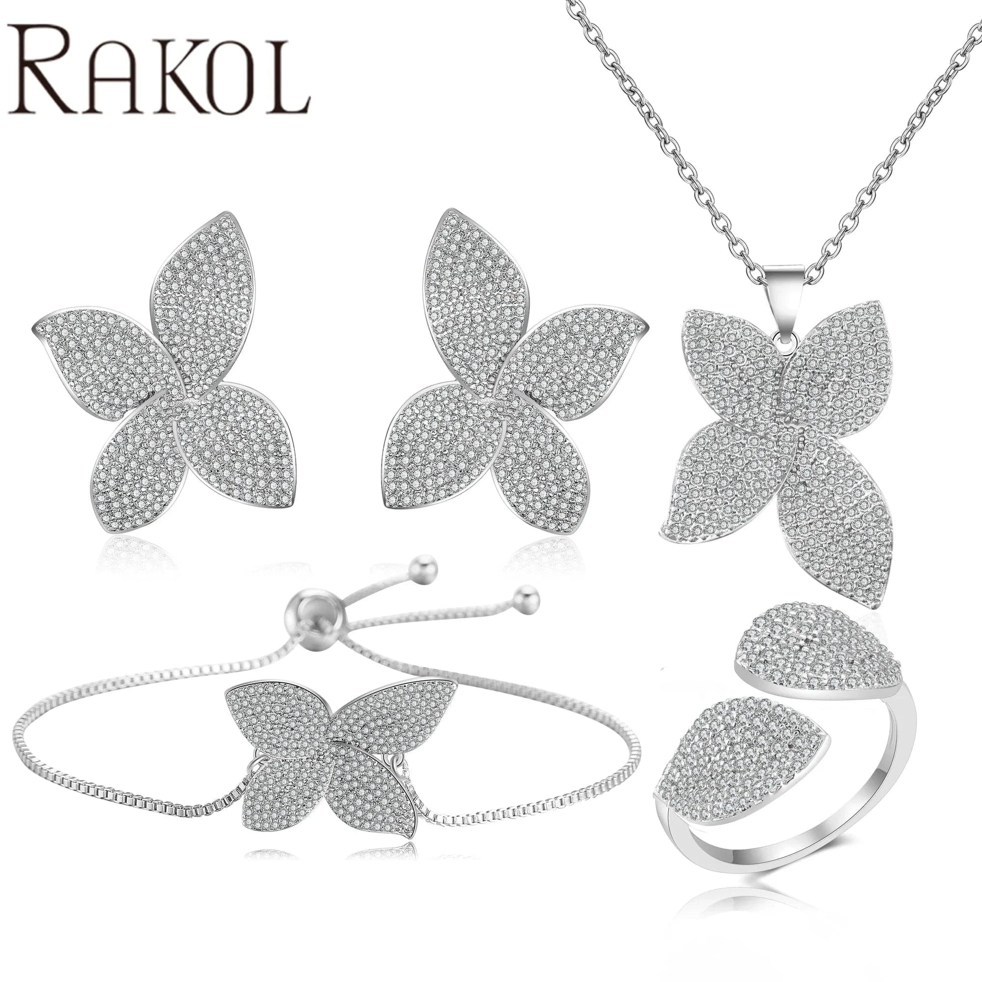 8 / SP3079 -White gold RAKOL SP3074 New Design 4PCS Leaf Cubic Zircon Necklace Earrings Bracelets And Rings Sets 925 Sterling Silver Jewelry Set Women