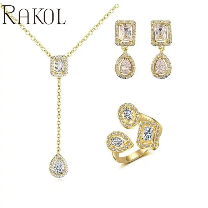 8 / SP3419-Gold RAKOL SP3074 New Design 4PCS Leaf Cubic Zircon Necklace Earrings Bracelets And Rings Sets 925 Sterling Silver Jewelry Set Women