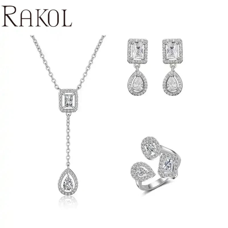 8 / SP3419 -White gold RAKOL SP3074 New Design 4PCS Leaf Cubic Zircon Necklace Earrings Bracelets And Rings Sets 925 Sterling Silver Jewelry Set Women