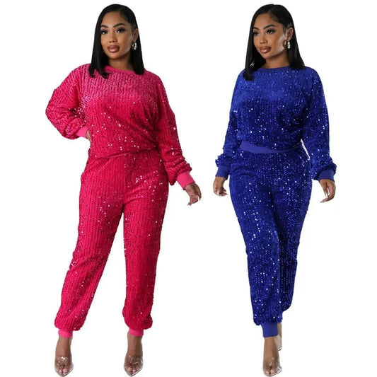 8682 Fashion Lounge Wear Sequin Sweatsuit Two Piece Pants Set Sequin Round Neck Pullover Shirt Tracksuit 2 Piece