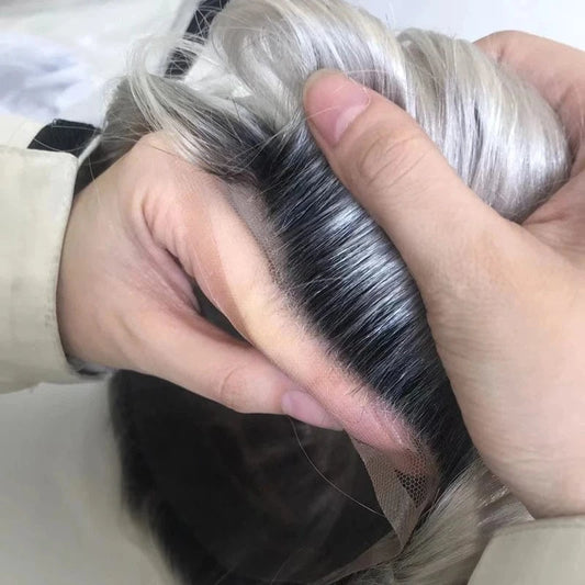 8X10 / 1B#T white hair / 6inches Front Real Swiss Lace On Rite Toupee Human Hair Hairpiece Dark Roots For Men With Around Translate Thin Skin