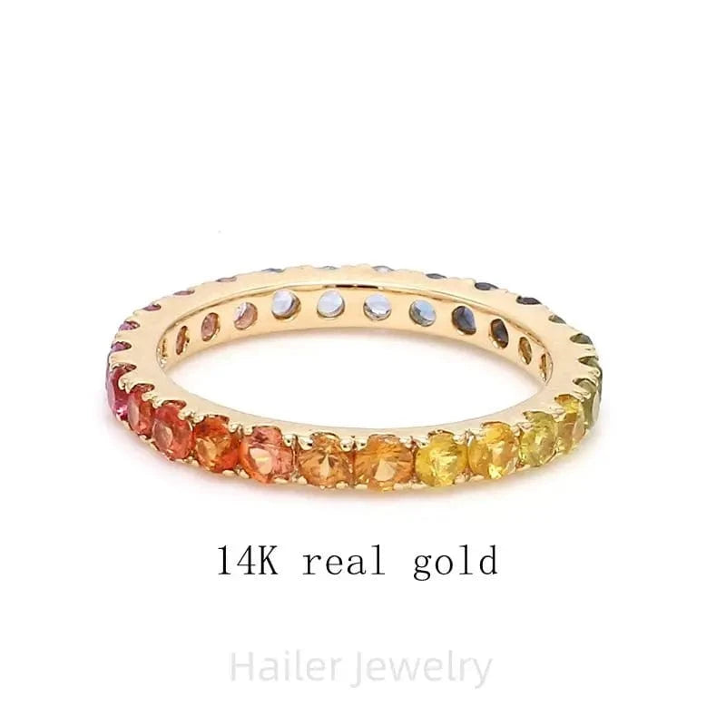 9 / 14k real gold Hailer joyas gemstone lab sapphire silver jewelry 925 rainbow 14k gold eternity wedding band ring for women