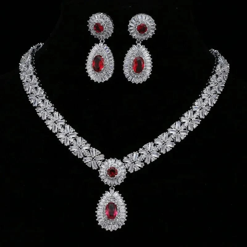 9 2024 High Quality Ruby CZ Zircon Micro Inlay Bridal Wedding Jewellery Set Luxury Diamond 18K jewelry sets dubai 18k solid gol Gold Women Necklace Earings Set