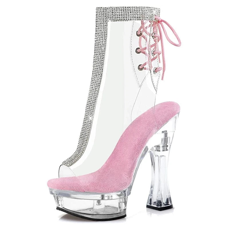 9.5 / Purple Thick heel 14cm super high heel thick bottom platform short boots open toe pole dance boots sexy rhinestone striptease Nightclub