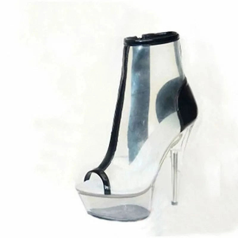 9 / Black Crystal transparent bottom with fish mouth nude boots Sexy Pole Dance 15 cm high heel short boots fashion boots