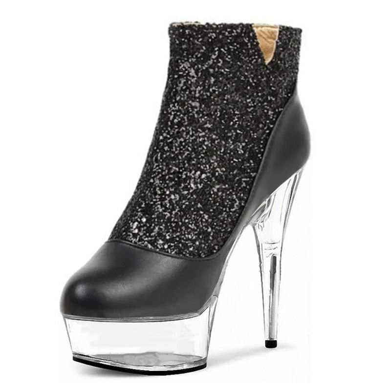 9 / Black Transparent crystal bottom thin heel 15 cm thin heel gold 6 inch platform Sequin high heels sexy women's large short boots