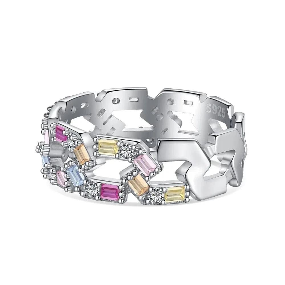 9 / DY120749-S-W-CS Dylam Stylish Colorful Design S925 Silver Rhodium Plated 5A Cubic Zirconia Hallow Geometric Interlock Women Daily Wear Rings