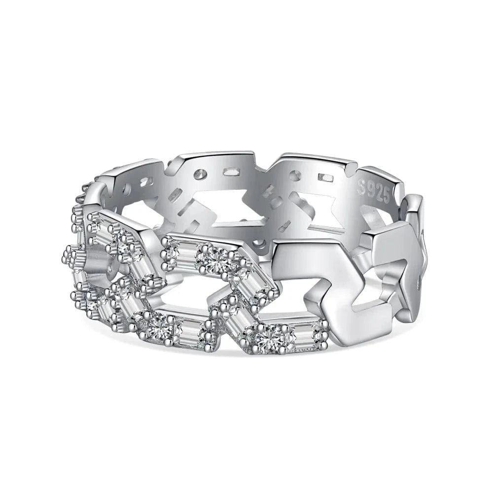 9 / DY120749-S-W-WH Dylam Stylish Colorful Design S925 Silver Rhodium Plated 5A Cubic Zirconia Hallow Geometric Interlock Women Daily Wear Rings