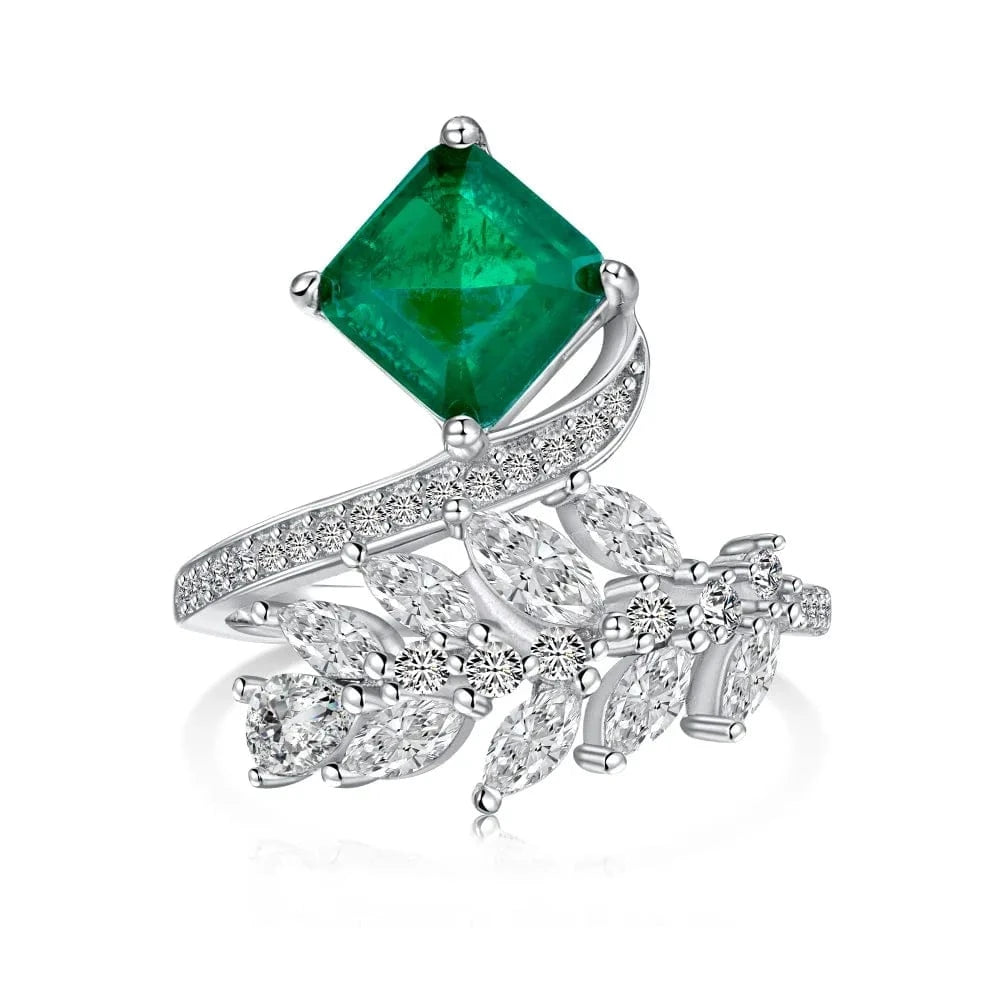 9 / DY120826-S-W-WG Dylam New Arrival Ice Flower Cut S925 Silver Emerald Green Diamond Ring Creative Design Cz Cubic Zirconia Leaf Marquise Rings