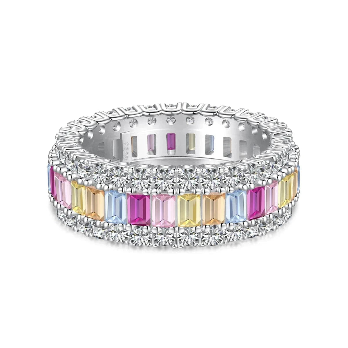 9 / DY120861-S-W-CS Dylam Dainty Non Tarnish 925 Sterling Silver Rhodium Plated Dress Up Diamond Colorful 5A Zirconia Baguette Eternity Band Rings
