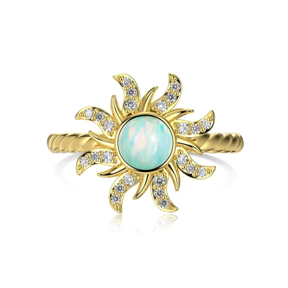 9 / DY120984-S-G-WH Dylam Wholesale Finger Jewelry 925 Sterling Silver Blue Opal Ring Cubic Zirconia Stone 18K Gold Plated Sun Shape Ring For Women