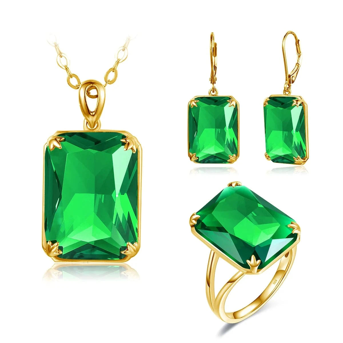 9 / Emerald-E Szjinao Trendy Women Sparkling Purple Gemstone Necklace Pendant Earrings Ring Real 925 Silver Gold Plated  Amethyst Jewelry