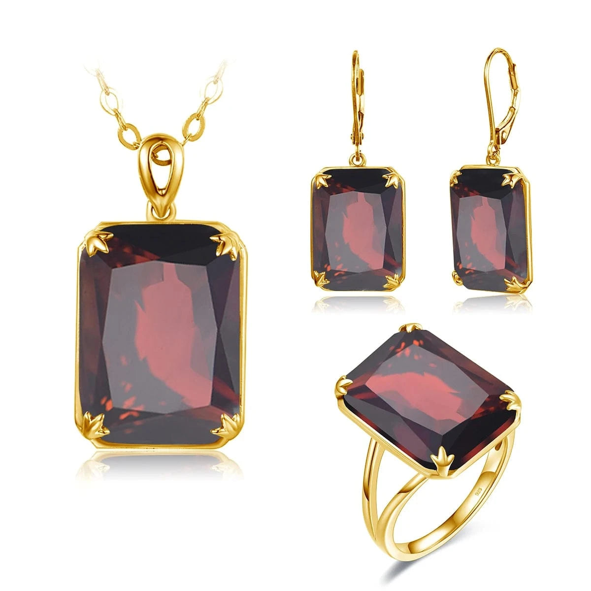 9 / Garnet-S Szjinao Trendy Women Sparkling Purple Gemstone Necklace Pendant Earrings Ring Real 925 Silver Gold Plated  Amethyst Jewelry