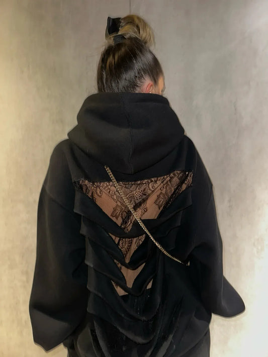 9 / L American Y2K Harajuku Gothic Lace Back Hollow Hoodie Womens Black Loose Pullover Hoodie Fashion Translucent Jacket