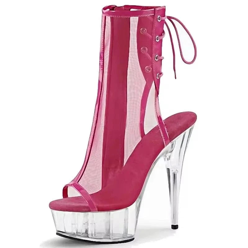 9 / Pink 6 inch-15cm New fish mouth black hollow out back lace up thin heel platform high heels fashionable women's short boots