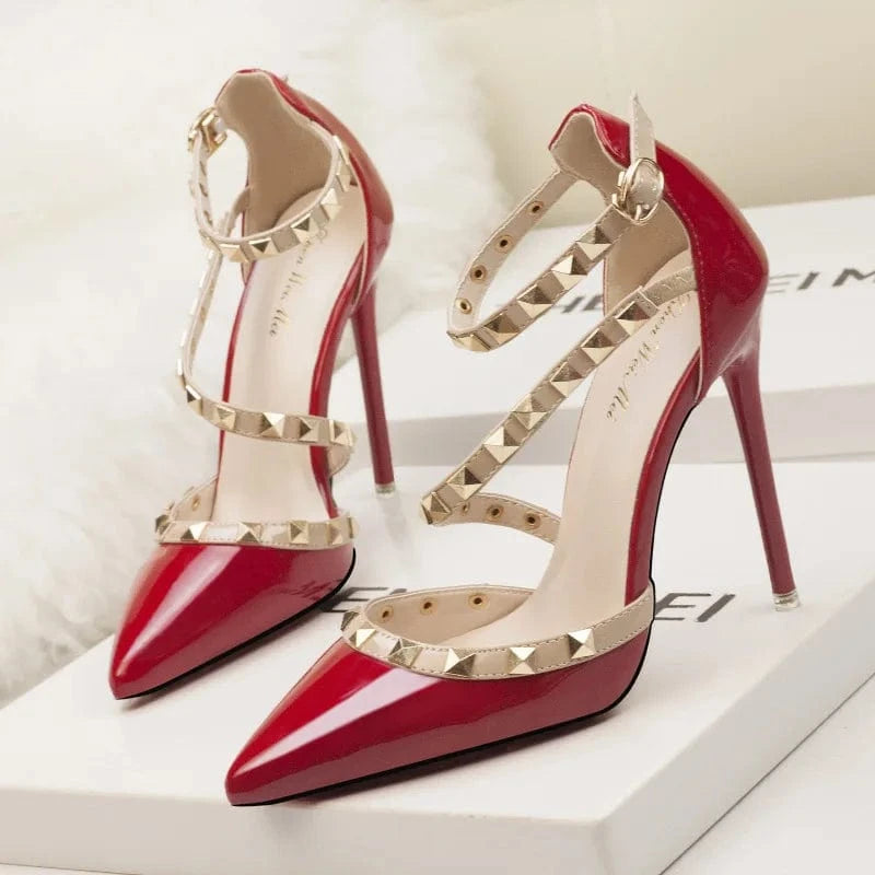 9 / Red Drop shipping Sexy nightclub stiletto women high heels shallow mouth pointed rivet hollow sandals