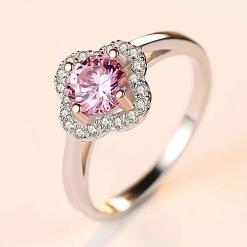 9 / SR0045 CZCITY Wholesale 925 Silver Flower Shape Wedding Ring With Clear&Pink Zircon Crystal Stone For Women Engagement Party Gift