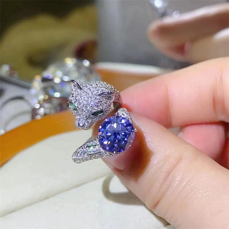 9 / Sterling Silver Ring / 2ct blue moissanite Etsy High Quality Hiphop Jewelry S925 Sterling Silver 2 Carat Green Colored Moissanite Leopard Head Diamond Adjustable Ring Women