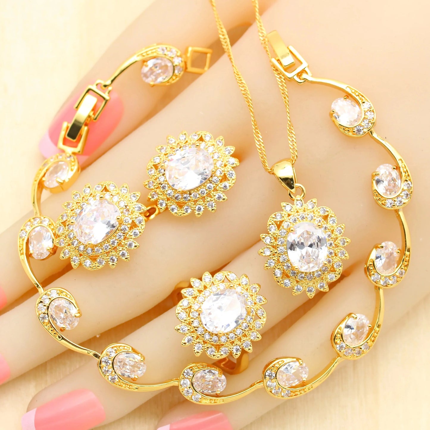9 / White 4pcs Luxury zircon jewelry 18k Gold Jewelry Sets for Women Earrings Necklace Pendant Ring Bracelet Wedding Gift